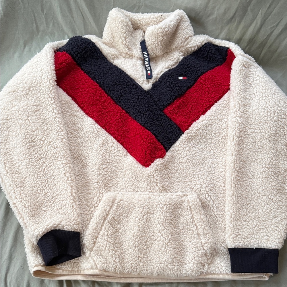 Tommy Hilfiger Sport Cream Sherpa with Red and Navy Stripes- NEW, Womens XL